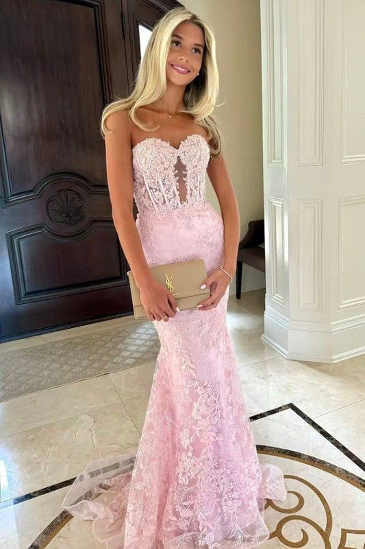 Lace Appliques Sweetheart Keyhole Trumpet Long Prom Dress Formal Gowns Inspo Evening Outfit N248