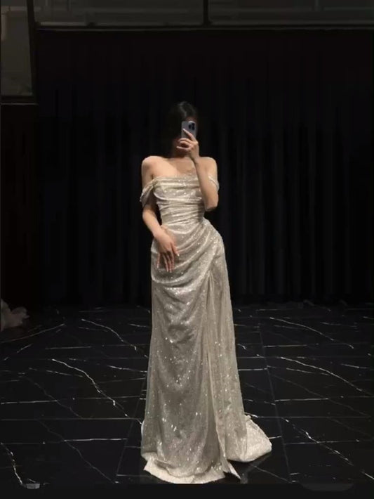 Unique A Line Off The Shoulder White Sequin With Slit Prom Dresses Formal Gown Inspo Evening Outfits AB1410