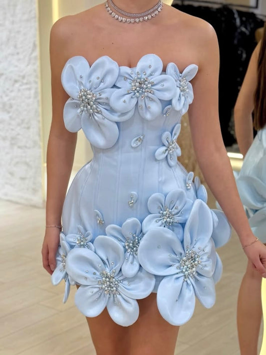 Elegant Sheath Tight Bodycon Strapless Blue With 3D Flowers Short Inspo Hoco Dress Ideas Homecoming Dresses RB4133