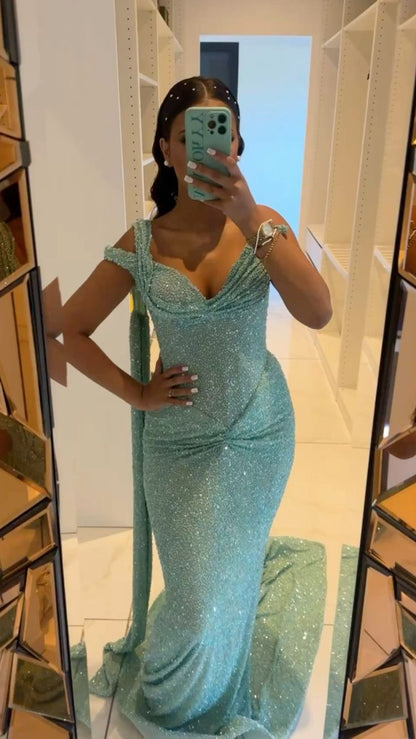 Stunning Prom Dresses Mermaid Sweetheart With Ribbon Mint Green Sequin Long Formal Dress N2475