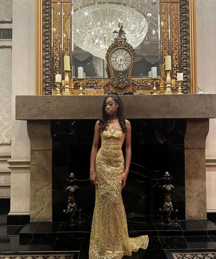 Sparkly Mermaid Sweetheart Gold For Black Girls Long Prom Dress With Beaded Bodice Evening Dresses N631