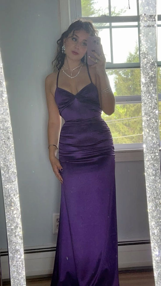 Classy Mermaid Halter Grape Satin With Ruched For Women Party Dress Long Formal Prom Dresses 18th Birthday Gowns AB1411