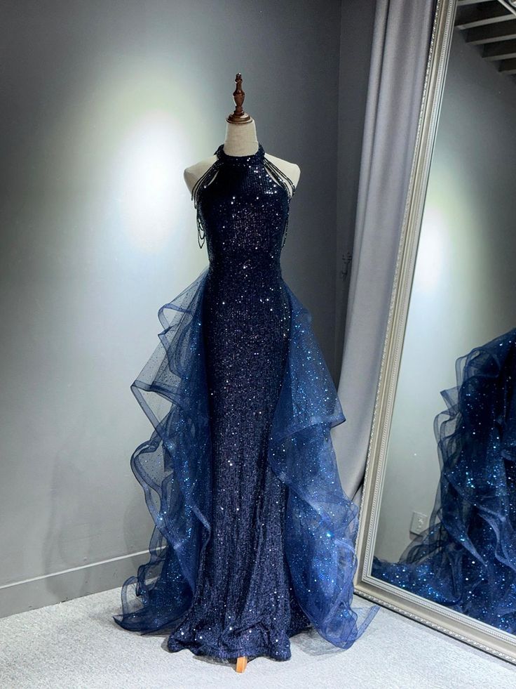 Navy Blue Sequins Long Prom Formal Dress Mermaid Evening Party Dresses AB680