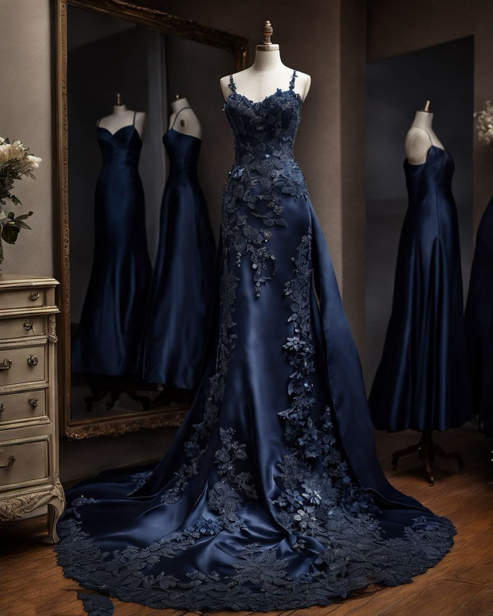 Unique Ball Gown Sweetheart Navy Blue Satin With Lace Long Prom Dresses Formal Gown Inspo Evening Outfit AB747