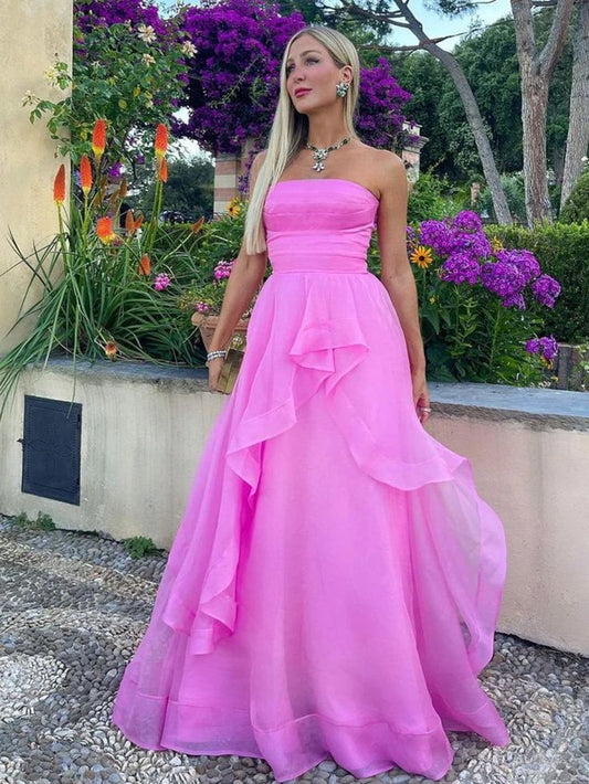 Gorgeous Fashion Pink A Line Strapless Organza Prom Dress Formal Gowns AB397