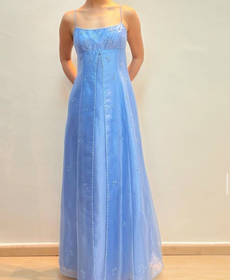 Modest A Line Spaghetti Strap Blue With Beading Sleeveless Long Prom Dresses For Women N4173
