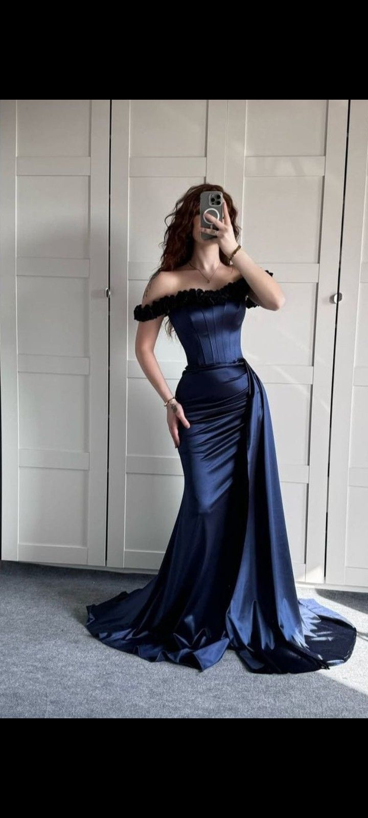 Modest Mermaid Off The Shoulder Marine Ball Dresses Floor Length Formal Gowns Navy Blue Prom Dresses Evening Dress AB751