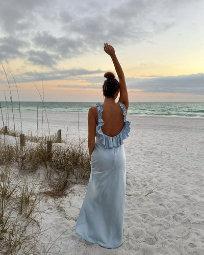 Simple Mermaid V Neck Blue Chiffon Summer Spring Inspiration Long Wedding Guest Dress Birthday Outfits N1635