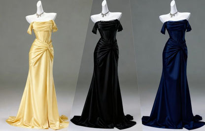 Elegant Pleated Satin Formal Mermaid Evening Dress,Fahsion Graudation Prom Dresses With Off-The-Shoulder N1870