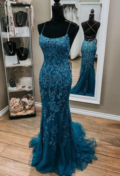 Dark Blue Mermaid Spaghetti Straps Appliques Formal Prom Dress AB1585