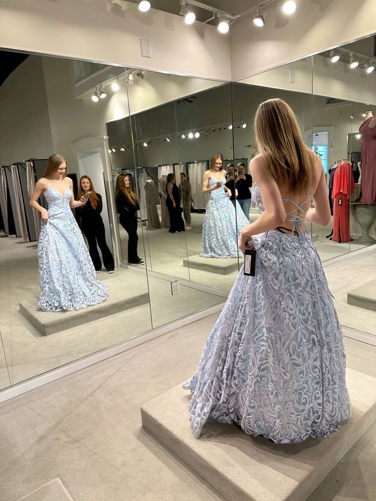 Classy Ball Gown Spaghetti Straps Blue Sequin Backless Inspo For Women Girls Formal Party Gowns Long Prom Dresses AB1814