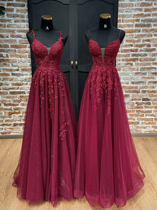 A-Line V Neck Tulle Lace Burgundy Long Prom Dress, Burgundy Long Evening Dress AB1588