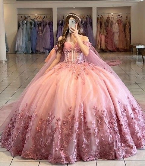 Elegant Princess Ball Gown for Wedding & Formal Events Off The Shoulder Appliqued Pink Quince Dress Quinceanera Dresses Birthday Outfits RB8220