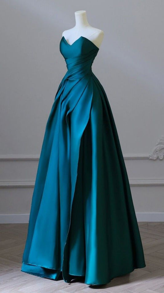 A-Line Sweetheart Satin Green Long Prom Dress Green Satin Long Formal Evening Dress AB199