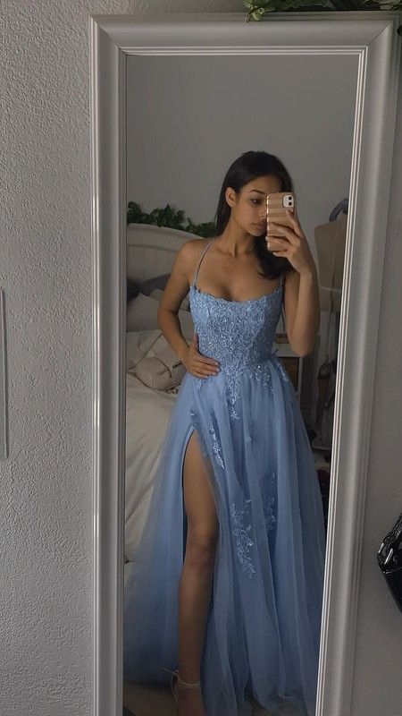 Modest A Line Halter Blue Lace Appliques Slit For Women Party Dress Long Formal Prom Dresses 22th Birthday Outfits AB1405