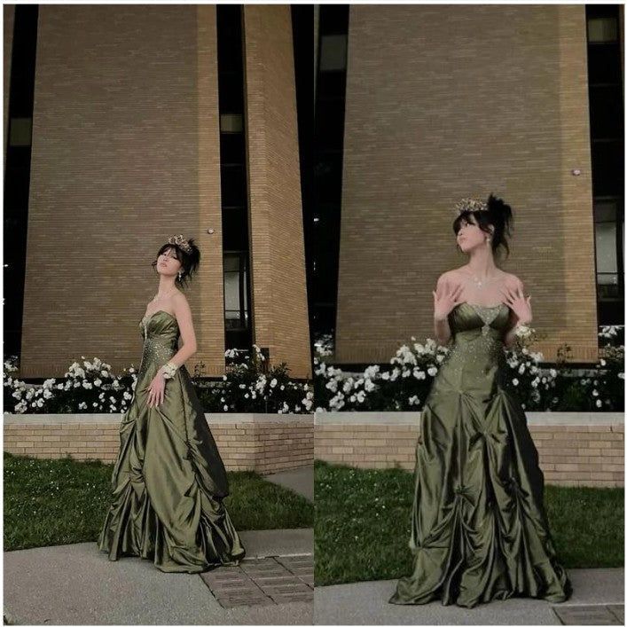 Vintage Ball Gown Strapless Olive Green Satin Taffeta 90s Prom Dresses Inspiration Party Dress Princess Graduation Dress B627