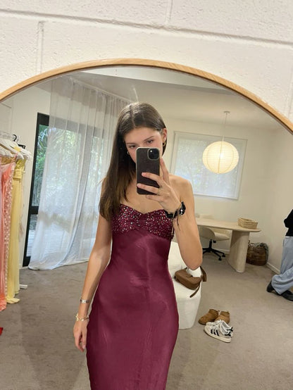 Sexy Mermaid Halter Burgundy With Beaded Inspo Formal Party Gowns Long Prom Dresses AB1745