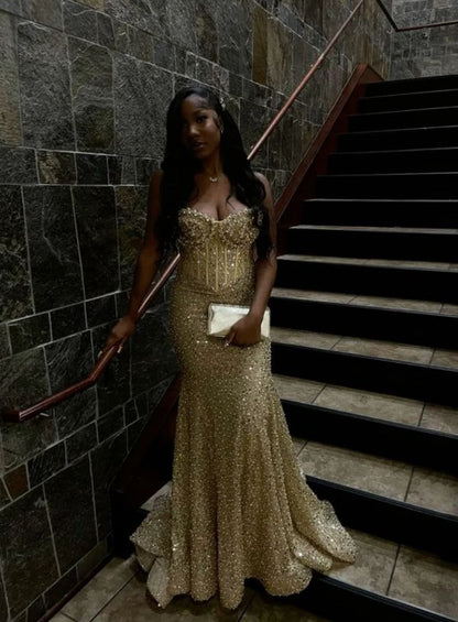 Modest Sweetheart Mermaid Gold Sequin Long Prom Dresses Formal Party Gown For Women AB1528