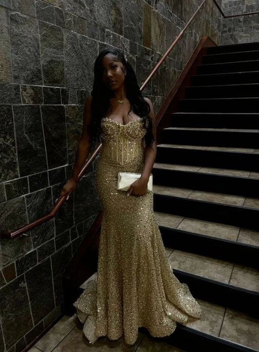 Modest Sweetheart Mermaid Gold Sequin Long Prom Dresses Formal Party Gown For Women AB1528