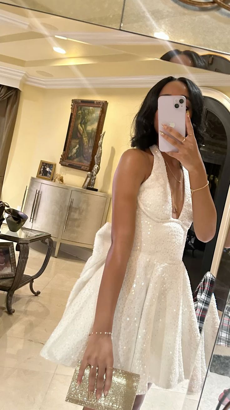 Sexy Ball Gown Halter Little White Dress For Black Girls For Teens Sequin Party Short Mini 19th Birthday Dresses Hoco Outfit RB3794