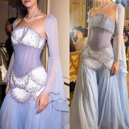 Luxury Baby Blue Pearl Chiffon Prom Dress Princess Birthday Dress For Women AB1455