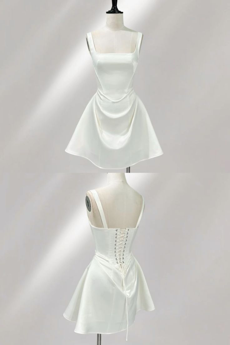 Cheap A Line Square Neck White Satin Short Cocktail Dress Homecoming Dresses Hoco Outfits RB4739