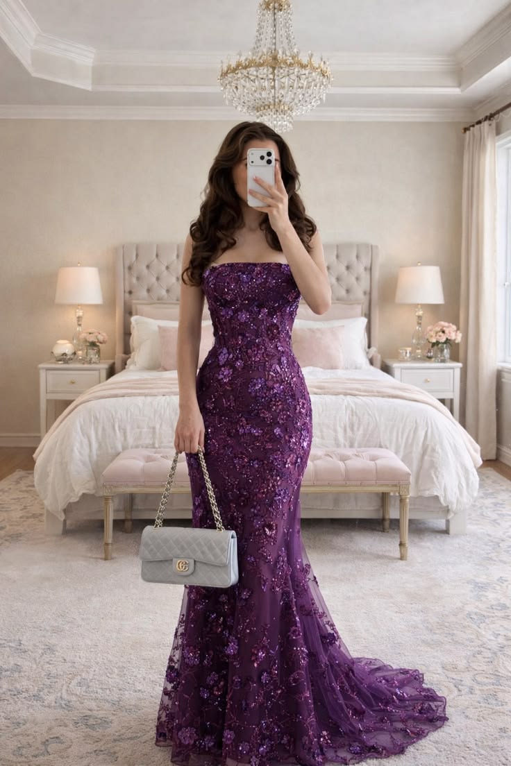 Modest Prom Dresses Mermaid Strapless Grape With Lace Long Party Evening Formal Gown RC1195