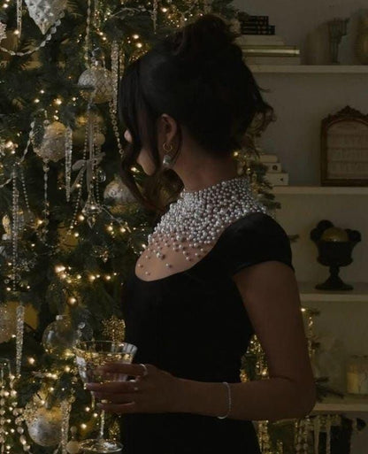 Black Velvet Evening Dress With Pearl Embellishments Party Dress Birthday Prom Dress AB1634