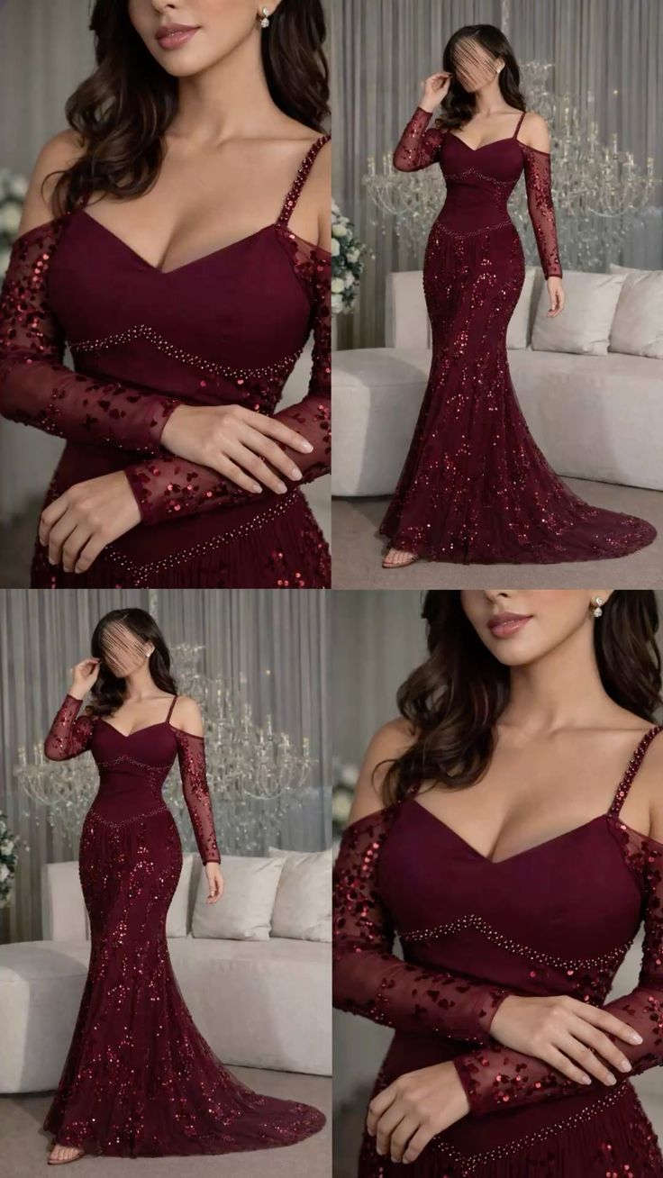 Sexy Mermaid Spaghetti Straps Burgundy Satin With Beaded Lace Sleeves Prom Dresses Long Evening Formal Gown With Pleated Party Gowns N353