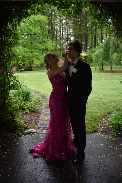 Glitter Mermaid Prom Dress Women Hot Pink Sequins Long Formal Dance Evening Party Gowns AB1716