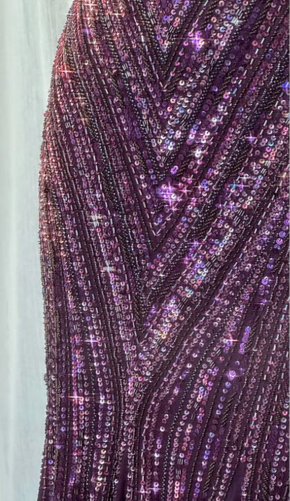 Vintage V Neck Dark Purple Chiffon Sequin Mermaid Long Party Gown Evening Dress 20th Birthday Outfits N875
