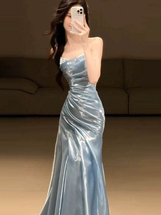 Light Blue Strapless Pleated Prom Dresses Evening Formal Gown Semi Formal Grad Long Prom Dress For Teens AB1993