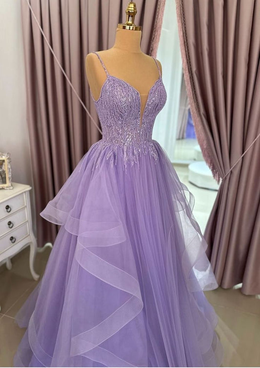 Sparkly Ball Gown Spaghetti Strap Lilac Applique Long Prom Dresses Senior Graduation Dance Evening Outfits N042