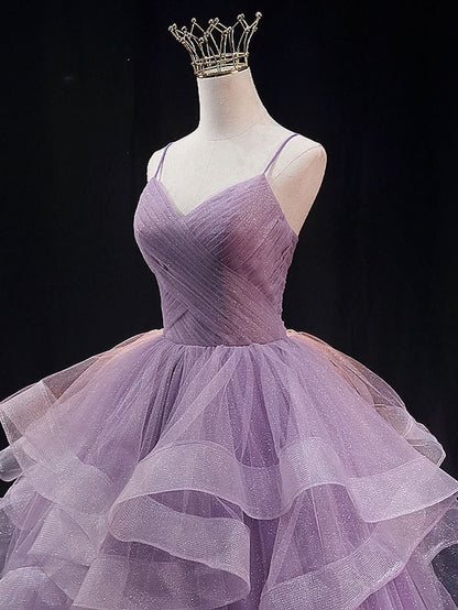 Purple Prom Dress Ball Gown Spaghetti Strap Tulle Sequin Long Formal Gown Evening Dresses For Teens Formal N038