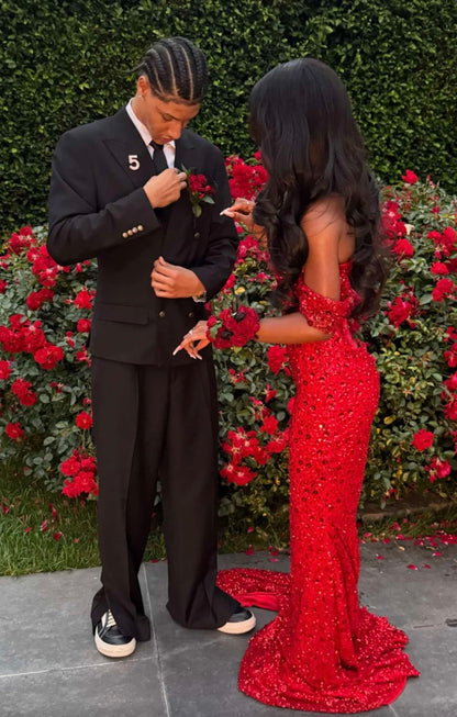 Chic Mermaid Off The Shoulder Red Beaded Sequin Prom Dresses Long Party Dress Prom Gowns DH2934