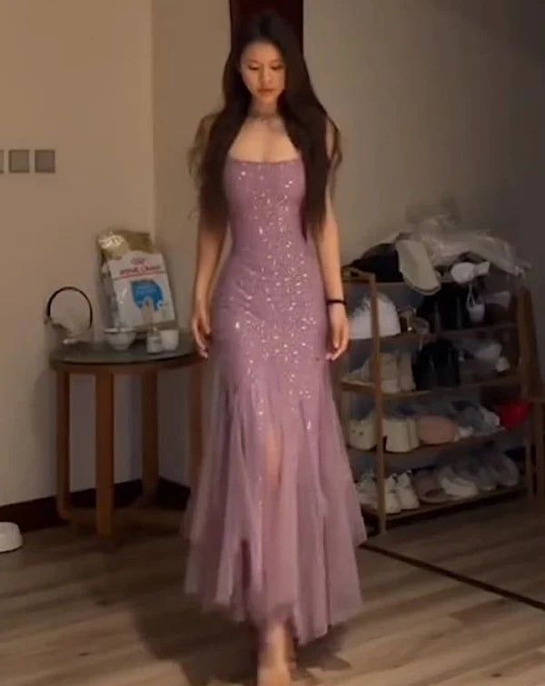 Sexy Mermaid Spaghetti Straps Lilac Tulle Prom Dresses Inspiration Prom Dress Princess Party Birthday Graduation Dress B343