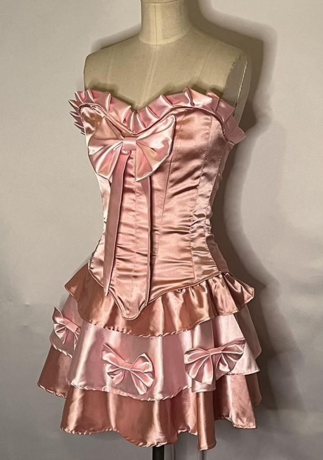 Sweet Pink Two Piece Satin Strapless Sweetheart Neck Mini Birthday Party Dress RB6281
