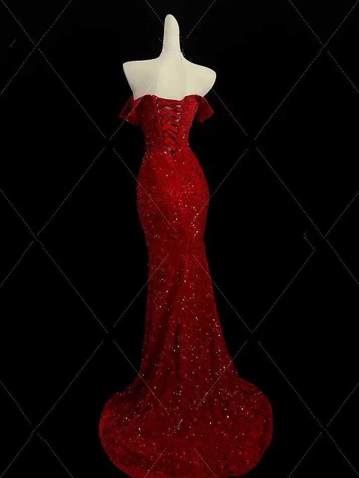 Classy Mermaid Sweetheart Red Slit Sequins Long Evening Gowns Prom Dresses AB130