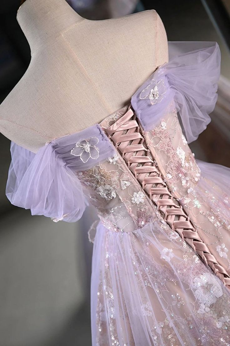 Modest Lilac Off The Shoulder Tulle A Line Prom Dress With Appliques AB133