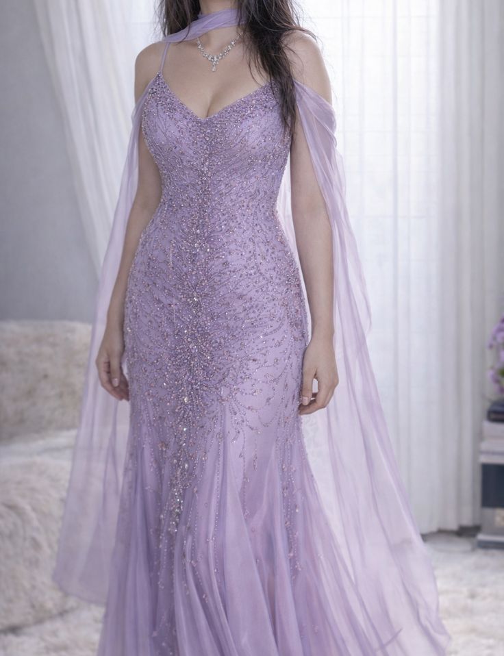 Stunning Prom Dresses Mermaid Spaghetti Strap Lilac With Scarf Sequin Long Formal Dress N2480