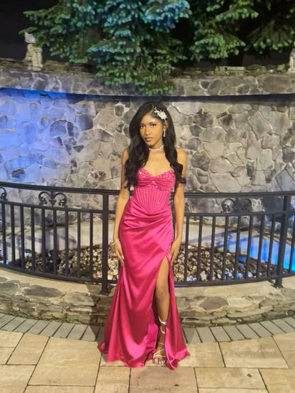 Unique Mermaid Sweetheart Hot Pink Satin Beads Prom Dresses Long Party Dress 21st Birthday Outfits Graduation Dress RB909