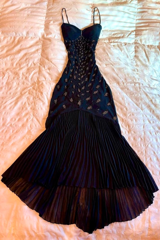 Modest Mermaid Spaghetti Straps Navy Blue Chiffon With Beads For Women Party Dress Long Formal Prom Dresses 22th Birthday Outfits AB1417