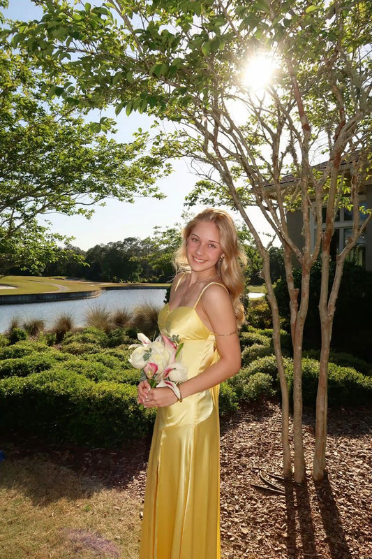 Modest Mermaid Spaghetti Straps Yellow Satin With Slit For Women Party Dress Long Formal Prom Dresses 22th Birthday Outfits AB1419