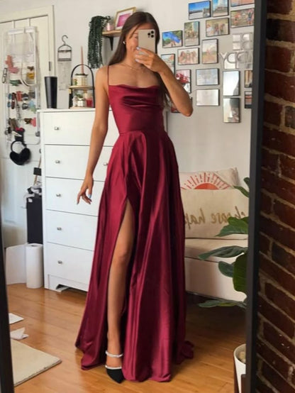 Simple A Line Burgundy Satin Long Prom Dresses with High Slit Inspo Evening Dress AB704