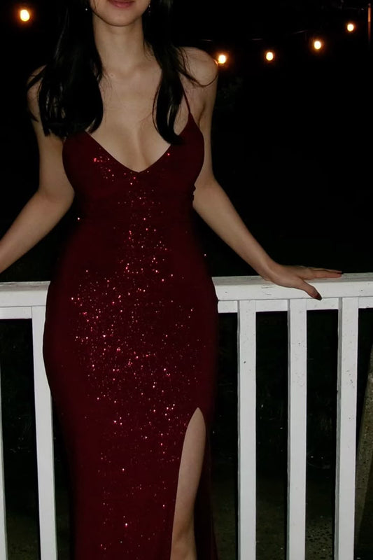 Aesthetic Mermaid Spaghetti Strap Wine Burgundy Red Sequins Long Formal Dresses With Slit Evening Prom Dress AB674