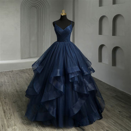 New Boho Navy Blue Quinceanera Dresses Ruffles V neck Spaghetti Straps Simple Party Sexy Prom Dresses AB688