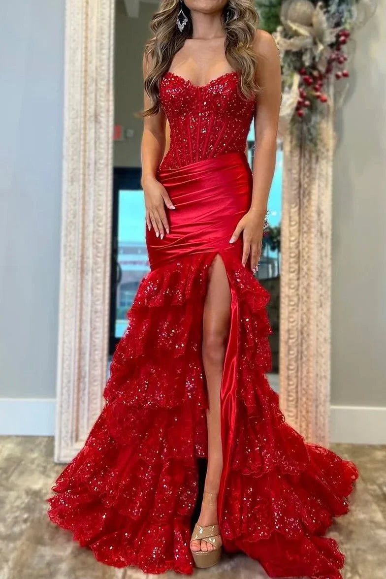 Modest Mermaid Sweetheart Red Slit Lace Prom Dresses Inspiration Prom Dress Graduation Dress RB1165