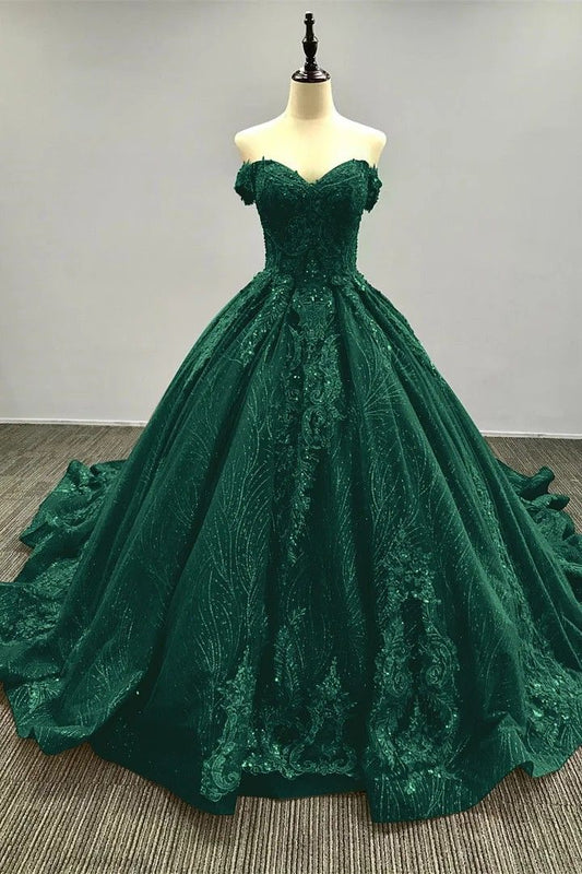 Emerald Green Ball Gown Off The Shoulder Lace Quinceanera Dress Appliques Birthday Luxury Dress Sweet 15 16 Birthday Gown AB1422