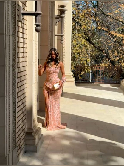 Sexy Mermaid Strapless Pink With Slit Long Prom Dress With Beaded Bodice Evening Dresses N635