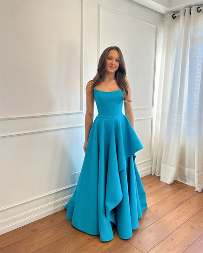 Modest Graceful Blue Strapless Sleeveless Prom Dress Prom Gown AB202
